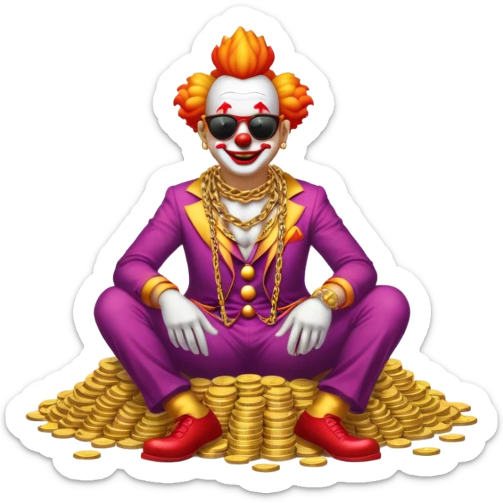 Clown with big golden chain on the neck wearing sunglasses sitting on the big pile of gold coins  full height. sticker
