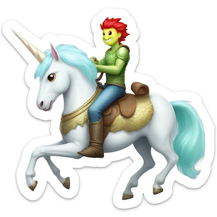 [politically incorrect
	{ man: alien, color: light green, hair:red, eyes:cat} ]
	on a 
	[{ unicorn: white, legged:four, mane: light blue }] sticker