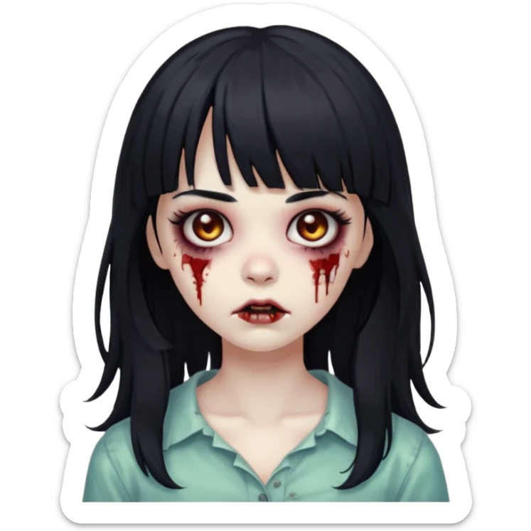 Zombie girl, black hair with bangs, slightly wavy,long hair,long eyelashes, black eyes,iOS style sticker