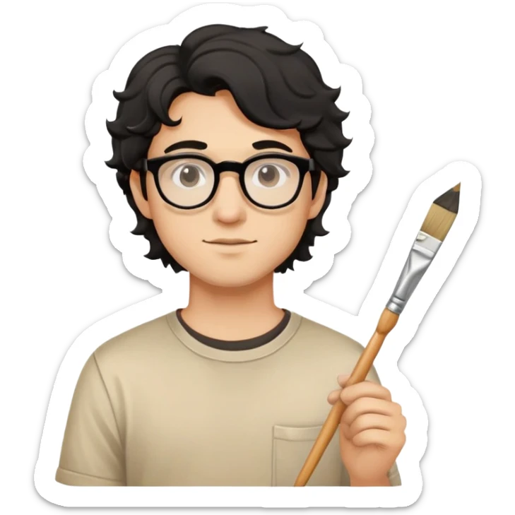 Young caucasian man with black wavy hair, round glasses, beige painting shirt, holding a square paintbrush sticker