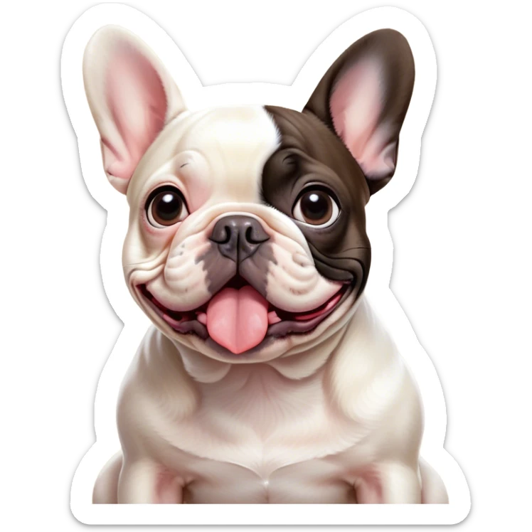 Cinematic Comical Pied French Bulldog Portrait Emoji, Head tilted with an exaggeratedly shocked, comical expression and wide, humorously expressive eyes, showcasing a distinctive pied fur of contrasting hues and a charmingly goofy face, simplified yet hilariously detailed, glowing with a sassy, playful radiance, high shine, exuding a mischievous and meme-worthy charm, styled with a soft glowing outline, capturing the essence of a Pied French Bulldog that looks ready to spark a viral laugh! sticker