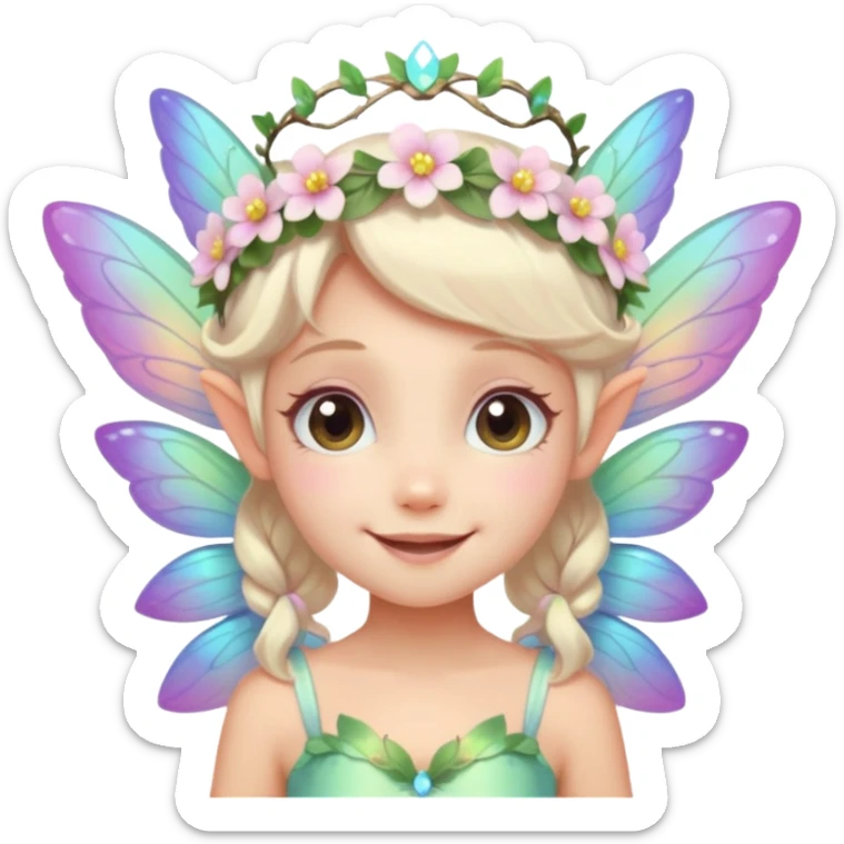 A tiny pastel fairy with glowing wings and a sweet smile and tiny flower crown
 sticker