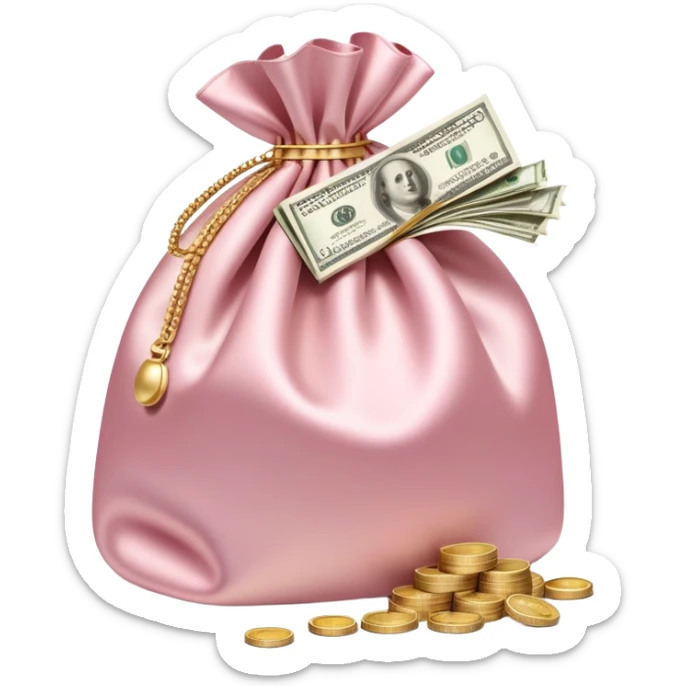 Soft pink satin money bag overflowing with cash, subtle luxury, no logos sticker