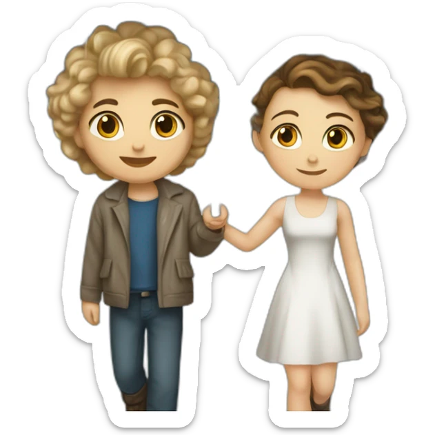 White Girl in deepneck dress with little curls and white boy walking under heavy rain with an umbrella sticker