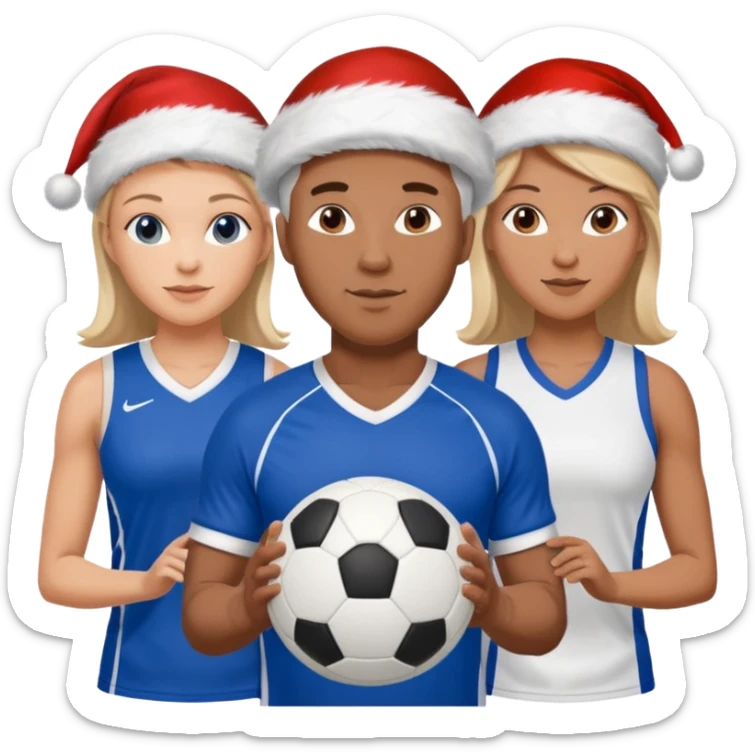 3 atletas, um homem no meio e duas mulheres com cores de pele diferentes, usando elementos esportivos, bola de futebol e bola de vôlei. Coloque um chapéu de papai noel das cores verde e com roupas azul e branco sticker