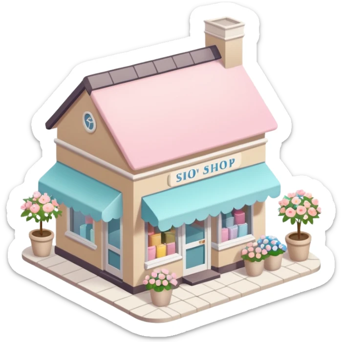 isometric exterior little beige and white shop with abundant pastel florals everywhere sticker