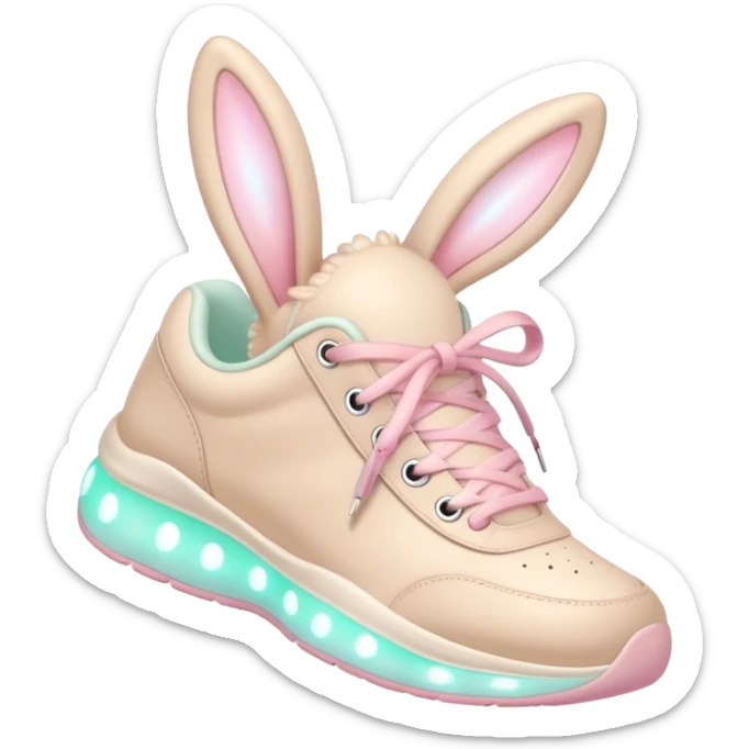 Cute Kawaii Shoe, small and bouncy, soft pastel sneakers with glowing highlights, cute sparkling eyes, a happy cheerful expression, laces tied like bunny ears! sticker