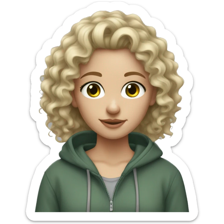 Dirty blonde curly hair, fair skin,dark green eyed blonde girl wearing grey hoodie  sticker