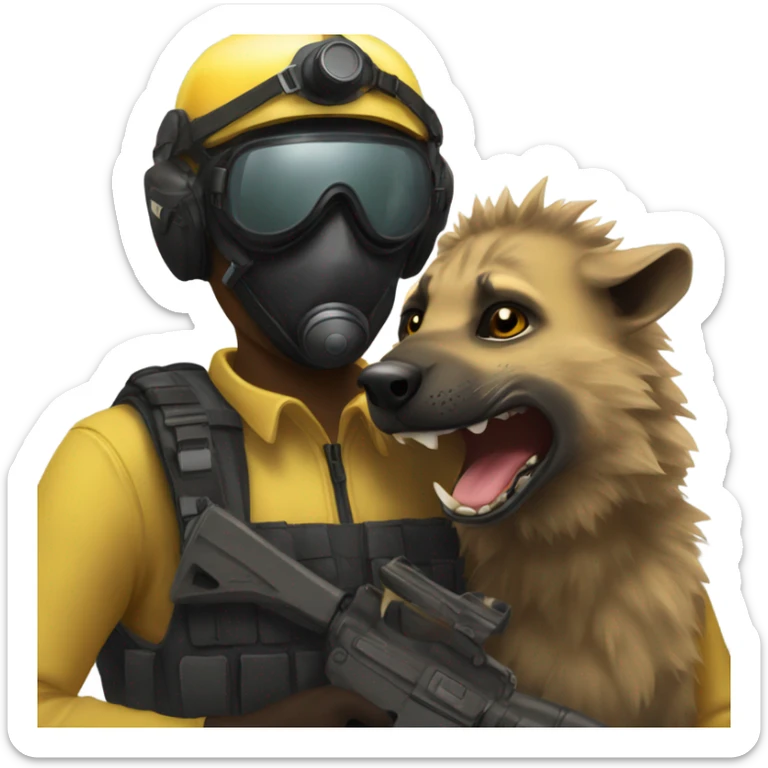 Yellow army Pilot with black mask googles, and then a big hyena kissing him sticker
