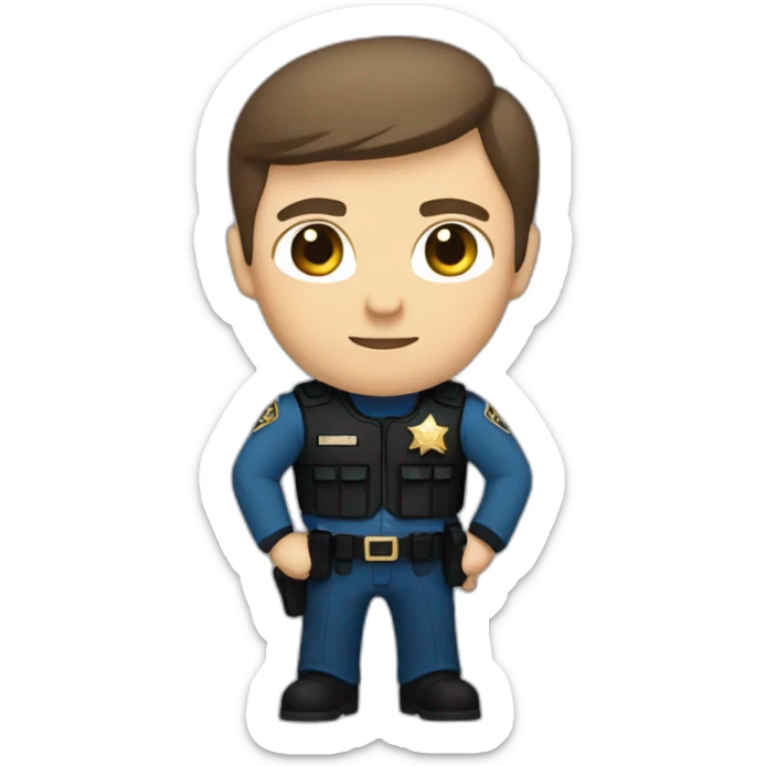 Deputy sheriff with short Brown hair and blue eyes and bulletproof vest and arms sticker