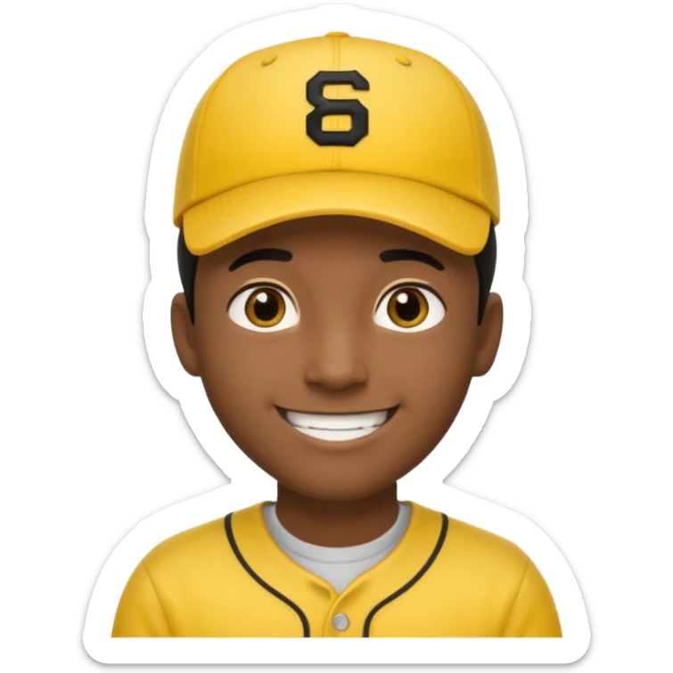 A man with dark skin tone, wearing a bright yellow baseball cap, short black hair mostly covered by the cap, large brown eyes, and a wide smile. sticker