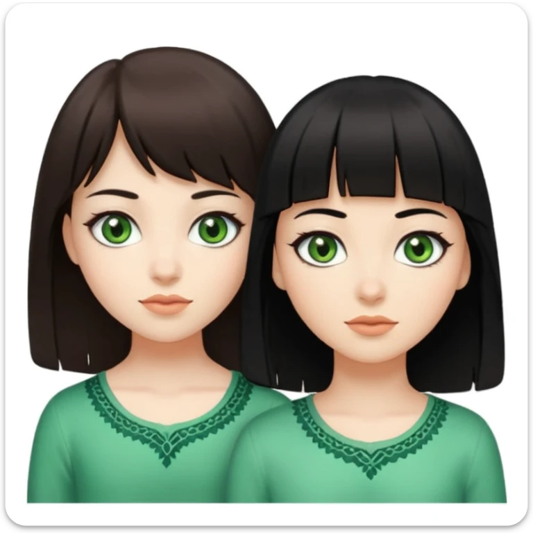 Une fille brune avec tes yeux verts et une peau claire et à côté une fille plus grande avec des cheveux noirs et une frange une pommade des yeux noirs en amande sticker