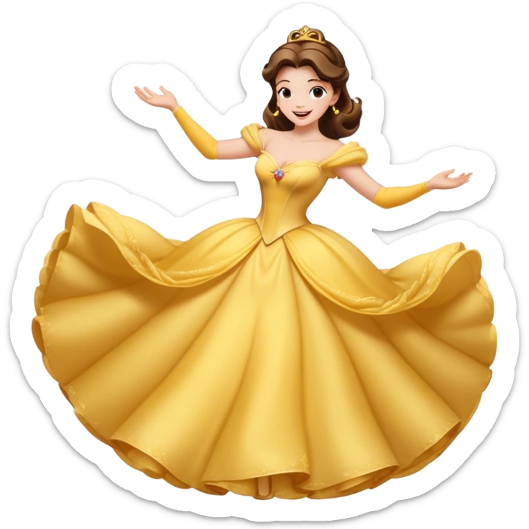 Cinematic Playful Belle Portrait Emoji, Spinning joyfully in her ball gown, arms outstretched, a radiant smile lighting up her face, exuding an enchanting blend of fun and elegance! sticker