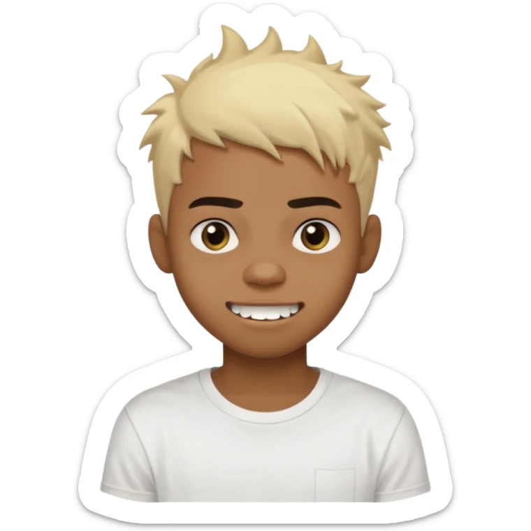 Black Male Teenager with Short punk messy blonde hair, Dark brown bushy eyebrows large expressive golden-brown eyes, wearing a plain white t-shirt, Dark Brown skin color. Fun teeth sticker