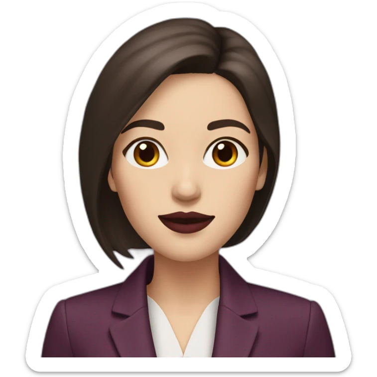 a white woman, dark brown straight hair, wearing marsala lipstick and using a purple blazer sticker