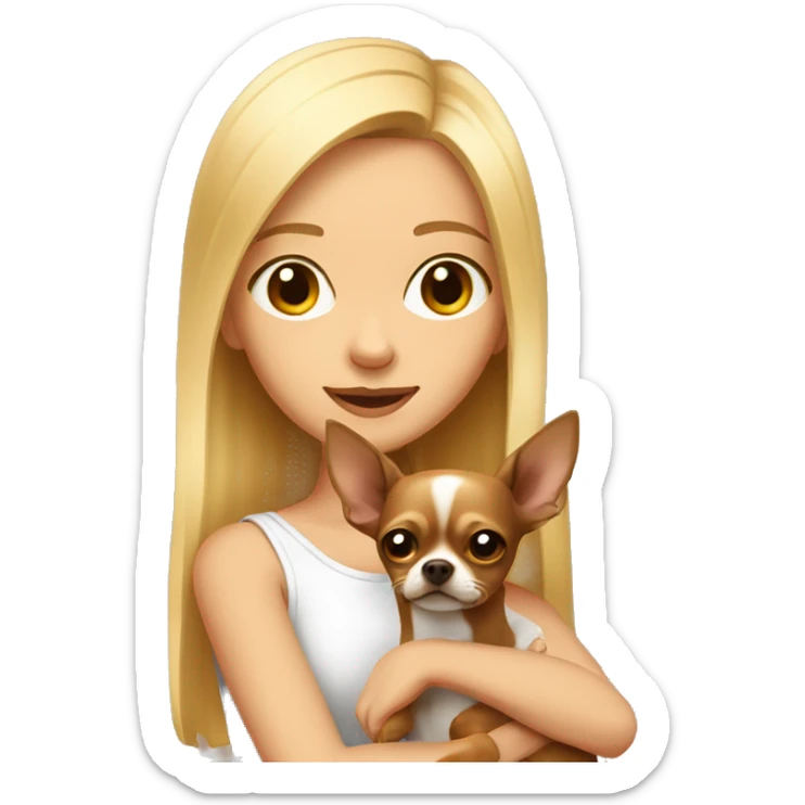 A blonde girl in her arms with a brown Chihuahua dog sticker