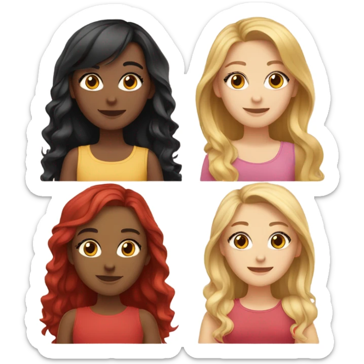 Group of 5 beautiful girls. Girl 1- brown hair. Girl 2- black hair. Girl 3- redhead. Girl 4- golden hair. Girl 5- light blonde.  sticker