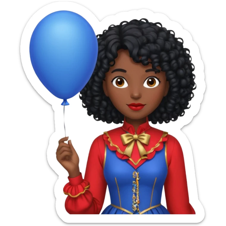 woman with curly black hair and dark face red costume, holding blue balloon sticker