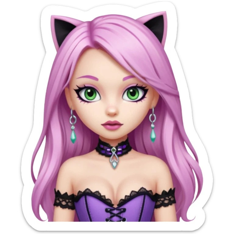 pretty bratz girl, long straight LIGHT pink HAIR, jade kitten eyes, black eyeliner, pale skin, purple corset clothes with laces sticker