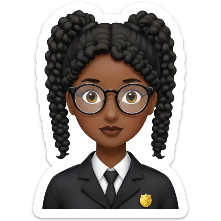 femme pilote d'avion en uniforme noir aux cheveux bouclés noir et petites lunettes arrondis identique avec des cheveux très long et la peau noir mais légèrement plus claire avec les cheveux attachés in a ponytail 1 seule personne, cheveux moins épais garde le personnage de gauche and give her more définition and less volume sticker