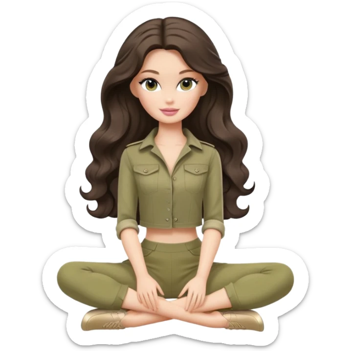 A white Barbie girl with long dark brown wave hair in a pale olive clothes Sitting on the splits sticker