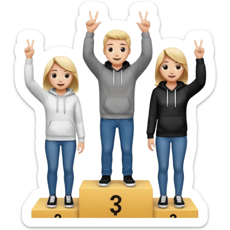 three people in jeans and hoodies on a winners podium, black and white, center step higher, no numbers, center person holding up one finger on each hand, left person holding up two fingers on each hand, right person holding up three fingers on each hand, cheerful expressive emoji style sticker