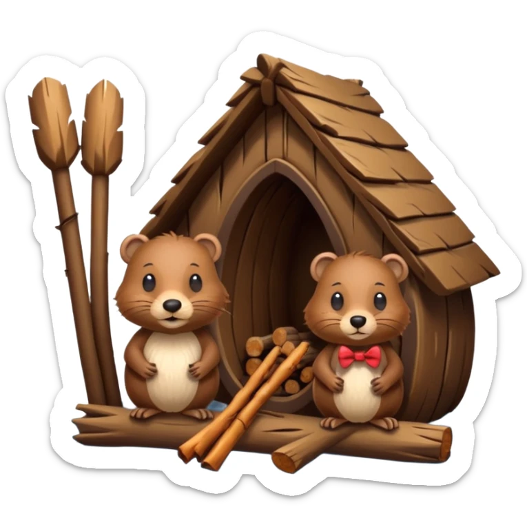 a beaver couple, one a female with a bow on her head in a beaver home made of sticks and logs sticker