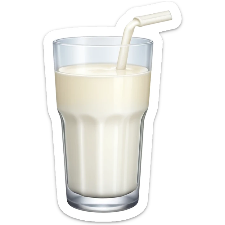 the drink is only milk white, The bottom and mouth of the glass are the same width and thin a toll, There is only white liquid inside, photo realistic, like a third from left sticker