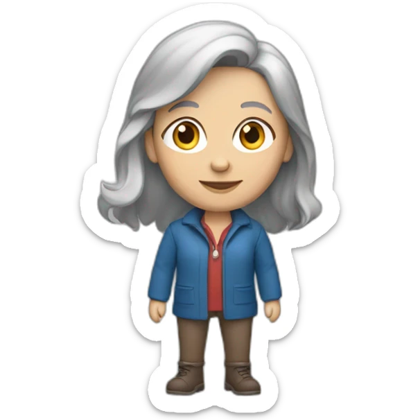 28 old women, white skin, long brown-blond hair, blue eyes, red shirt in a gray jacket sticker