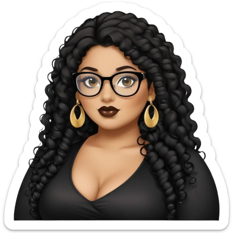 big plus size, latina, darker tan skin, long black curly hair, baddie,pretty, makeup, lipgloss, black eyeliner, long hair, stud gold earrings, black top, black glasses sticker