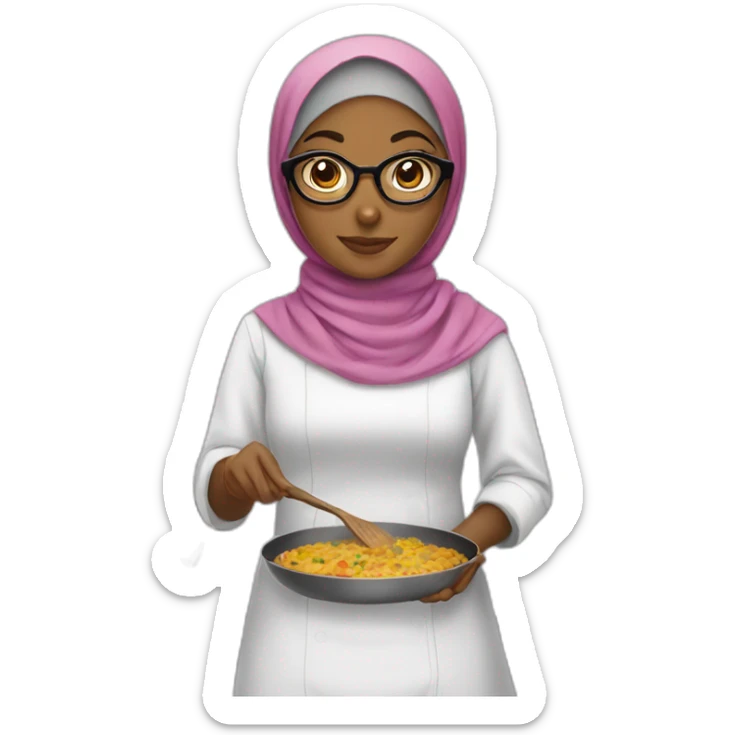 Girl wear hijab with brown skin and glasses wear while dress and she cooking  sticker