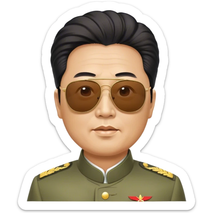 Middle aged comrade Kim Jung Il wearing mao suit and large sunglasses with his hair swept up by the wind sticker