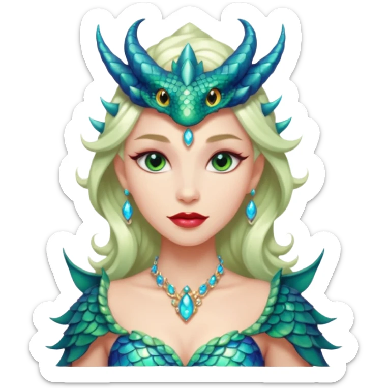 Am amazing blend of a half dragon woman with glittering jeweled scales covering her body. She has large almond shaped eyes, lush lips, and she wears a stunning luminescent gown. sticker