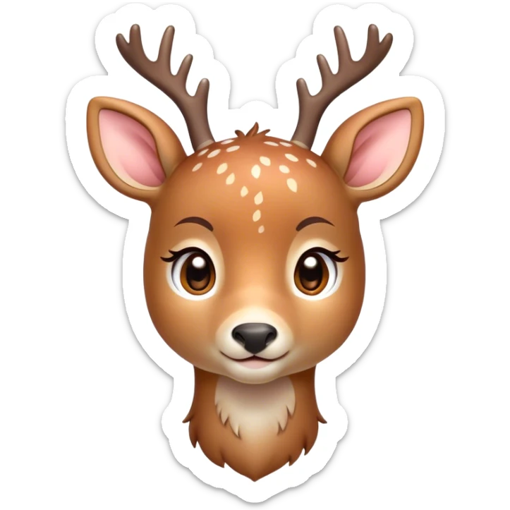 Cinematic Cute Deer Portrait Emoji, Head tilted playfully and inquisitively, showcasing a delicate coat speckled with subtle white spots and gentle earth tones, round, sparkling eyes filled with curious wonder, Simplified yet irresistibly adorable features, highly detailed, glowing with a warm, friendly glow, high shine, affectionate and graceful, stylized with a touch of woodland whimsy, bright and endearing, soft glowing outline, capturing the essence of a mischievous yet loving fawn, so playful it feels like it could skip out of the screen into your arms! sticker