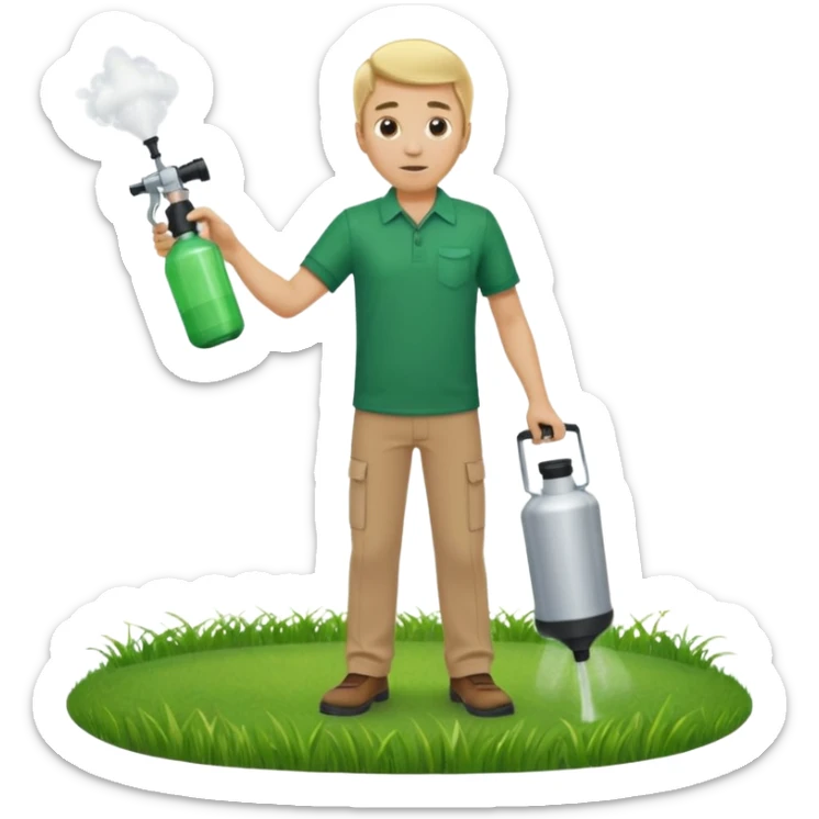 man blonde hair and no hat with a emerald green shirt and tan pants on carrying chemical sprayer and pointing it downwards to spray at bright green grass sticker