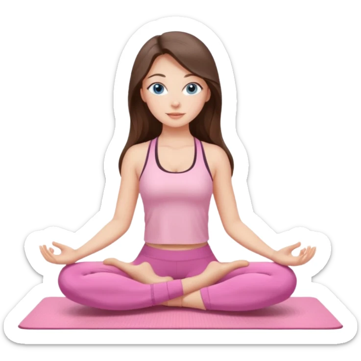 Brunette long hair and blue eyes yoga beautiful girl in light pink pink pink clothes sitting on a yoga mat sticker
