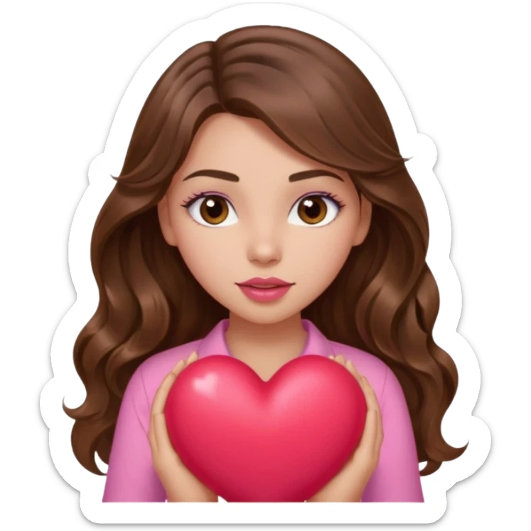 girl with long wavy brown hair, brown eyes, light to medium complexion, in a pink shirt, pink lips, long lashes, squeezing a big heart sticker