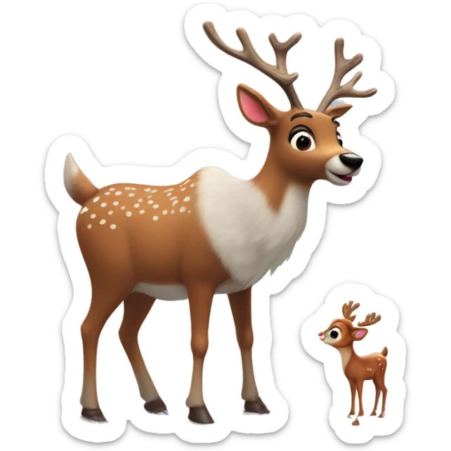 Rudolph the red nosed reindeer with a young girl both playing in the snow sticker