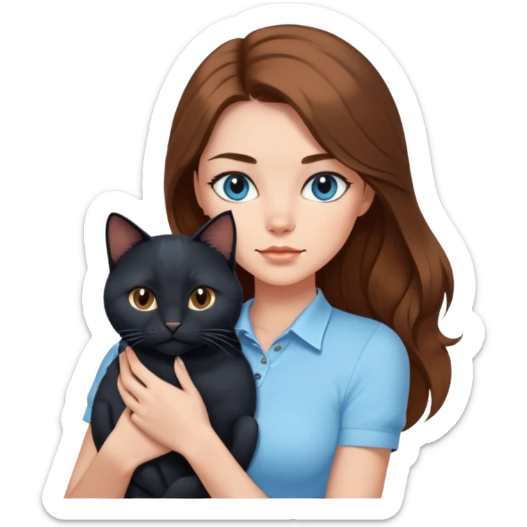 A sexy girl with long hair wearing a light blue tight short-sleeved shirt holding a black cat sticker