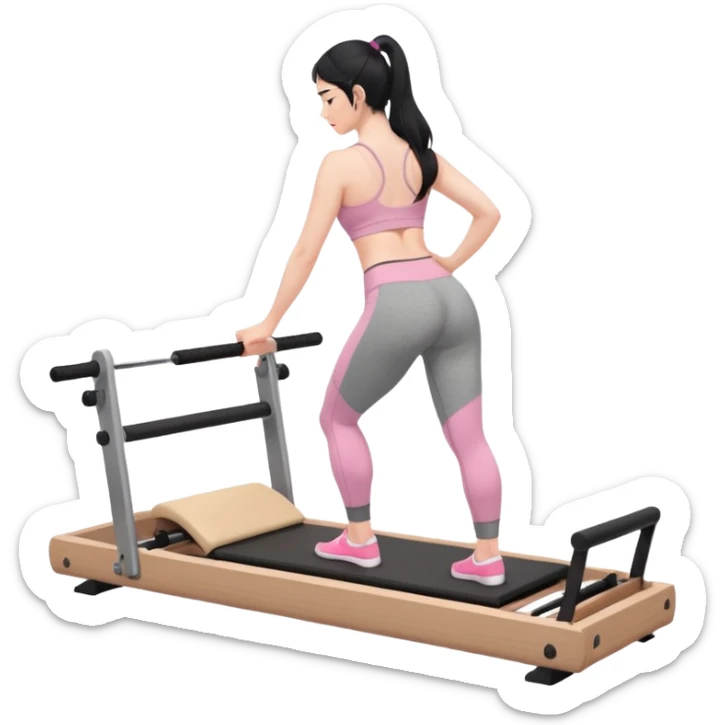 Create a Pilates emoji: a girl with fair skin and black hair, wearing a grey bra and grey leggings with pink pilates socks, on all fours on a wooden reformer. Make it look at the reformer. Make the colors neutrals. sticker