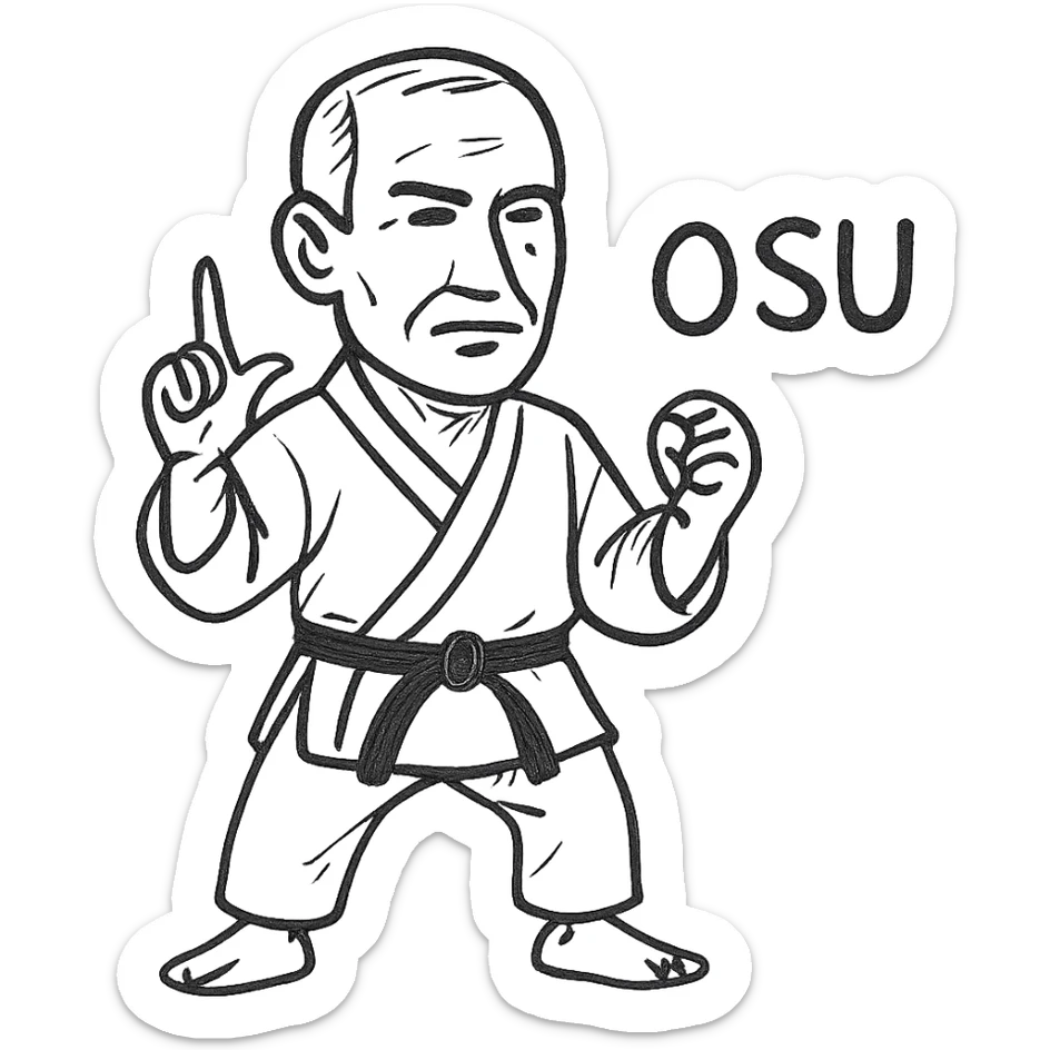 Make the Kyokushin karateka older with mature facial features, place him in the 'osu' position, keep the white gi, black belt, and 'osu' text in the same hand-drawn style. sticker