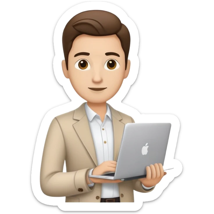 business owner confidently, holding a closed laptop in one hand and a takeaway coffee cup in the other. The character wears casual-smart clothes. sticker