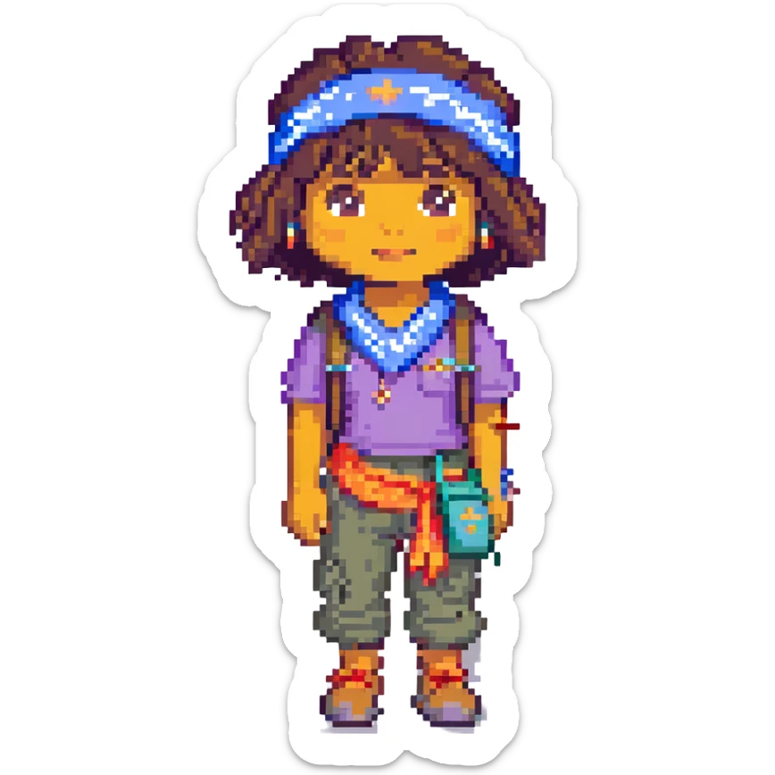 Dora the Explorer as a thug, pixel art style, bandana, baggy clothes, urban vibe sticker
