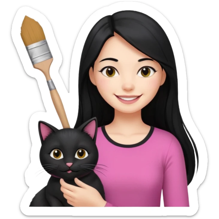 Painting women. smilling   Long black hair,  lunette peinture top pink, pinceau with is black cat  sticker