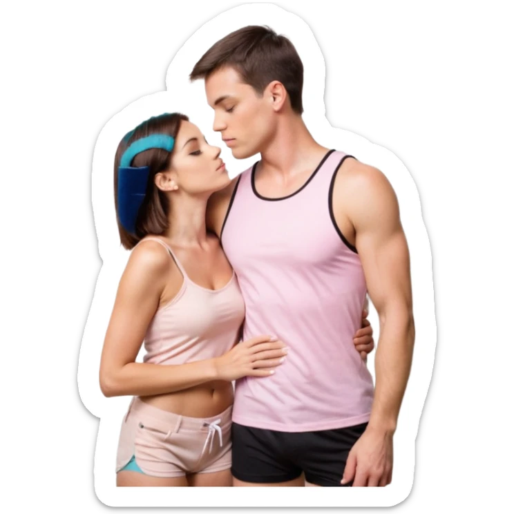 A couple, mid-20s, standing close and kissing. Man: short brown hair, clean-shaven, wearing a plain pastel pink t-shirt and dark shorts. His left arm is wrapped around the woman’s waist. Woman: long straight brown hair, wearing a black sleeveless glittery top with thin straps and a black skirt.  sticker