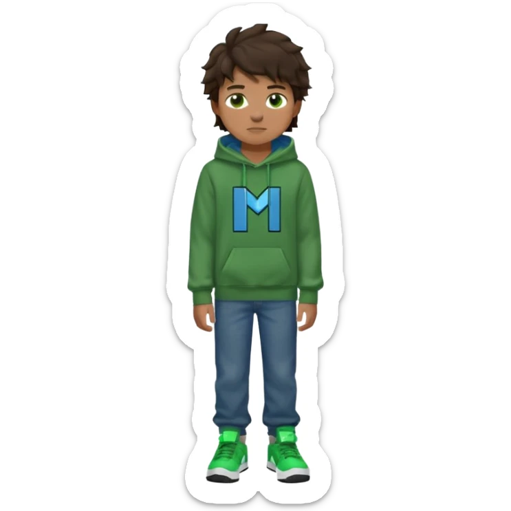 a 14 year old slightly tanned teenage boy with dark brown tousled wavy hair, dark brown eyes wearing a green tshirt, a dark green minecraft hoodie, blue jeans and green nike air jordans sticker