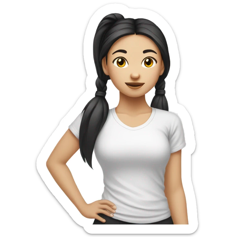 A asian girl with black pony tail white tee shirt yoga sticker