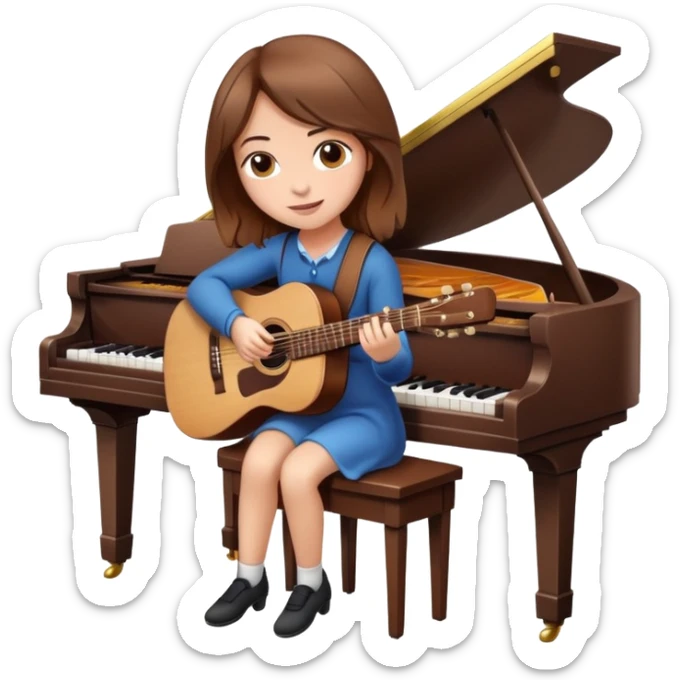 A girl with brown hair sitting at a piano and playing guitar sticker
