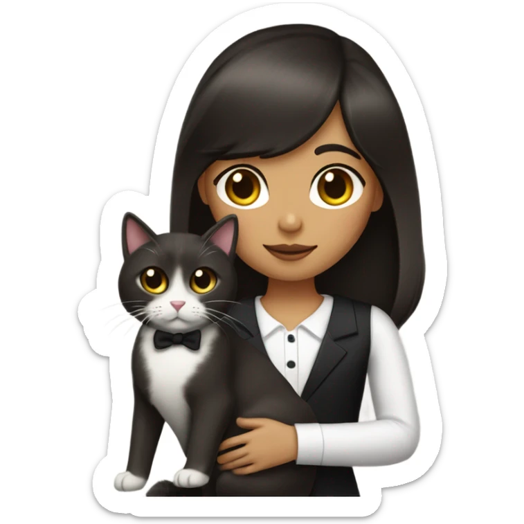Dark brown haired girl with olive skin with straight across bangs and long hair holding a tuxedo cat sticker