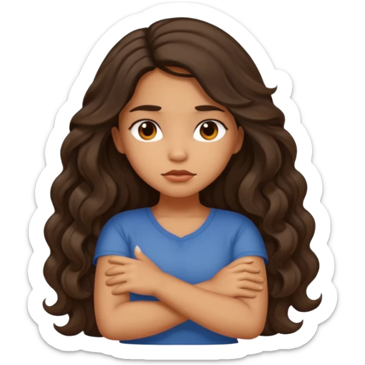 Hispanic tan ish girl with long dark wavy hair crossing her arms and slightly pouting sticker